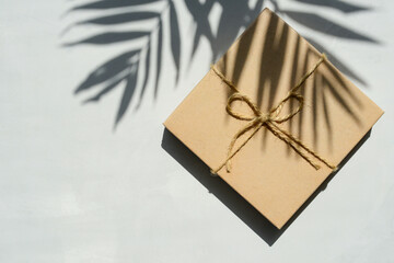 Gift box wrapped in kraft paper on a light gray or beige background with palm tree shadows, top view, copy space