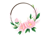 Beautiful Pink Flowers Wreath In Drawing And Watercolors Style On White Background.