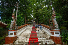 The Mythical Serpent Staircase In Wat Phra That Cho Hae, Phrae Province, Thailand. This Staircase Goes To The Gold Pagoda That Is Famous And Was Built On A Mountain.