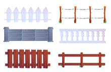 Fence, Vector Wooden And Stone Railings. Farm Palisade Gates, Balustrade With Pickets Or Barbwire. Enclosure Banister Or Fencing Sections With Decorative Pillars 2d Elements, Isolated Cartoon Set