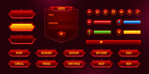 Poster - Set of game user interface frames, bars and menu buttons, ui or gui design elements. Empty borders, banners, red glowing keys. Gamer settings, login and password board, options Vector info graphics