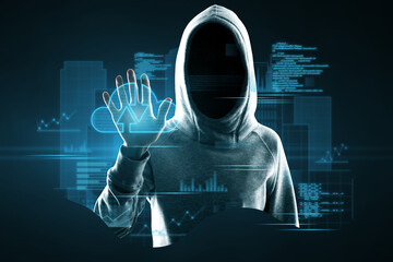 Poster - Hacker in hoodie using abstract blue coding and tech information hologram interface. Database, malware, cloud computing and science concept. Double exposure.
