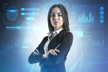 Aufkleber - Portrait of thoughtful european woman with folded arms and face id glowing interface. Access, identification and recognition concept. Double exposure.