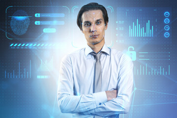 Poster - Portrait of thoughtful european business man with face id glowing interface. Access, identification and recognition concept. Double exposure.