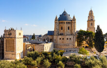 Benedictine Virgin Mary Dormition Abbey On Mount Zion, Near Zion Gate Outside Walls Of Jerusalem Old City In Israel
