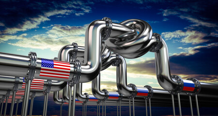 Wall Mural - Oil or gas pipeline, flags of USA and Russia - 3D illustration