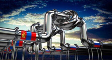 Wall Mural - Oil or gas pipeline, flags of Mongolia and Russia - 3D illustration