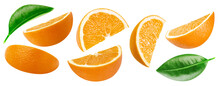 Collection Orange Isolated On White Background. Taste Orange With Leaf. Full Depth Of Field With Clipping Path