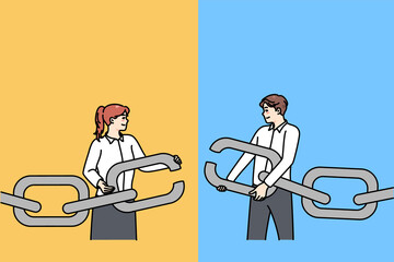 Businesspeople hold chain with missing link find solution together. Man and woman employee solve business problem together. Teamwork and cooperation concept. Vector illustration. 