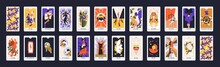 Tarot Cards Design. Occult Major Arcanas Deck With Esoteric Magic Symbols. Pack Of Spiritual Signs Of Emperor, Fool, Lovers, Moon In Modern Style. Isolated Colored Flat Graphic Vector Illustrations