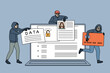 © Dzianis Vasilyeu - Group of hackers steal personal information from computer. Internet thieves hack laptop security system, get secured data and passwords. Web robbery and fraud. Vector illustration.