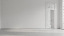 Empty White Room In Classical Style Mockup 3d Render With Large Decorated Door, Classic Window, And Concrete Floor