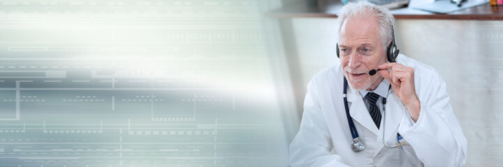 Portrait of doctor during online medical consultation; panoramic banner