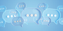 Minimalist Blue Speech Bubbles Talk Icons Floating Over Background. Modern Conversation Or Social Media Messages With Shadow. 3D Rendering