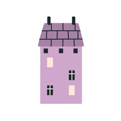 Wall Mural - Cute small house in Scandinavian style. Cozy sweet nordic home of old town. Little building exterior with lights in windows. Scandi kids flat vector illustration isolated on white background