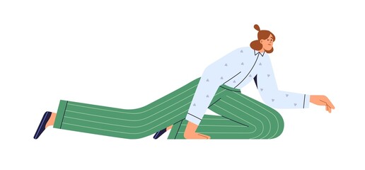 Poster - Exhausted employee falling. Work failure, crisis and problem concept. Tired office workers fail. Fatigue business woman in difficulty. despair. Flat vector illustration isolated on white background