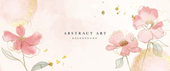 spring floral in watercolor vector background. luxury wallpaper design with pink flowers, line art, 