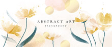 Spring Floral In Watercolor Vector Background. Luxury Wallpaper Design With Yellow Flowers, Line Art, Circle Shapes. Elegant Gold Blossom Flowers Illustration Suitable For Fabric, Prints, Cover.