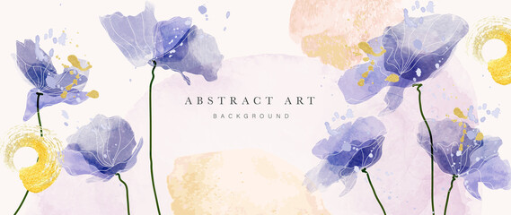Wall Mural - spring floral in watercolor vector background. luxury wallpaper design with blue flowers, line art, 