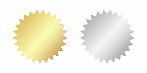 A set of gold and silver badges in the form of multi-pointed stars with a circle in the center. Vector illustration.