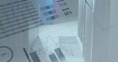 Poster - Image of statistics and data processing computer servers in background