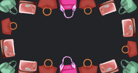 Poster - Image of frame of colourful handbags with central copy space on black background