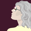 Vector profile portrait of elegant elderly woman in eyeglasses and grey hair on deep vinous background.
