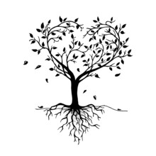 Beautiful Tree With Heart Shaped Root Isolated On White Background. Tree Silhouette.The Art Tree Is Beautiful For Your Design. Vector Illustration.