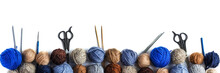 Blue, Gray And Brown Balls Of Knitting Thread With Scissors, Crochet And Knitting Needles On A White Background For Hobbies. Flat Lay, Isolated