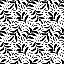 Bold Black Leaves Vector Seamless Pattern. Hand Drawn Thick Branches With Textured Leaves And Small Lines. Foliage Vector Background. Repeating Texture With Branches. Tropical Ornament. 