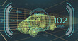 Image of speedometer and power status data on hybrid vehicle interface, over 3d van model