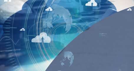 Poster - Image of clouds and diverse data floating over car