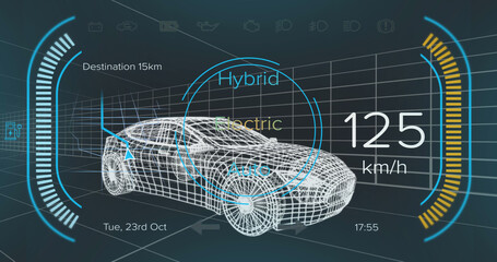 Poster - Image of speedometer and power status data on hybrid vehicle interface, over 3d car model