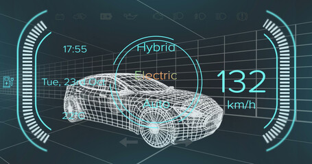 Poster - Image of speedometer and power status data on hybrid vehicle interface, over 3d car model