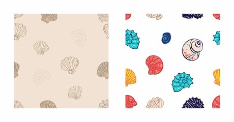 Set of seamless patterns with beige, colored seashells in doodle style. Collection of backgrounds with underwater animals for printing on fabrics, wallpaper, packaging paper. Cute vector illustration