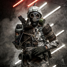 Artwork Of Soldier Dressed In Camouflage Clothes And Gas Mask Holding Rifle On His Shoulder.