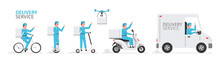 Online Delivery Service. Truck, Drone, Electric Scooter, Gyroboard, Scooter And Bicycle Courier. Delivery Service Concept