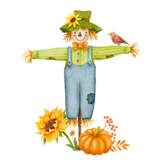 Watercolor scarecrow character with bird, sunflower and pumpkin isolated on white. Autumn decor. Fall composition