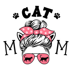 Wall Mural - Female head with glasses, bandana, messy bun and a quote: cat mom. Funy illustration. Vector design for cat lovers.