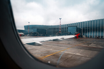 Wall Mural - view through window of aircraft during flight