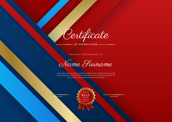 Certificate red template with modern luxury pattern and golden lines. Vector illustration and vector Luxury premium badges design. Set of retro vintage badges and labels.