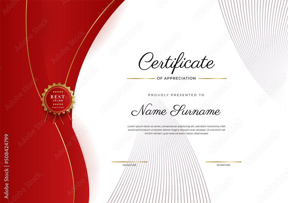 Certificate red template with modern luxury pattern and golden lines ...