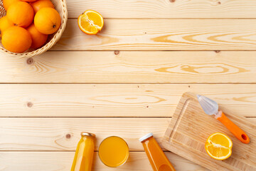 Wall Mural - Fresh orange juice in the glass with orange fruit on wooden background