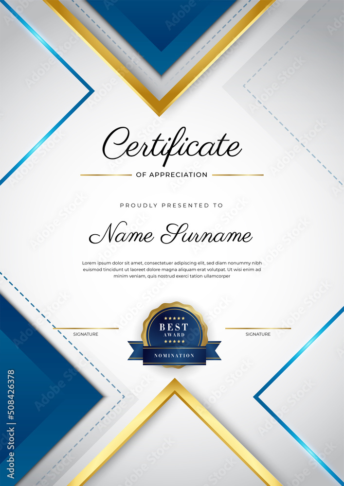 Certificate blue template with modern luxury pattern and golden lines ...