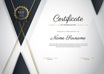 Certificate black template with modern luxury pattern and golden lines. Vector illustration and vector Luxury premium badges design. Set of retro vintage badges and labels.