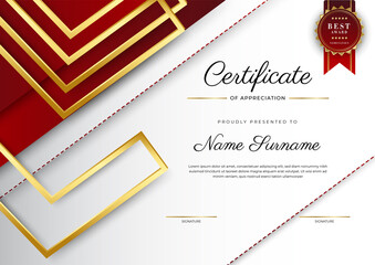 Certificate red template with modern luxury pattern and golden lines. Vector illustration and vector Luxury premium badges design. Set of retro vintage badges and labels.