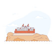 © ikonstudio - Medieval castle on the cliff near sea. Realistic historical kingdom fortress with towers and walls located on the mountain on river. Stronghold line style vector illustration.