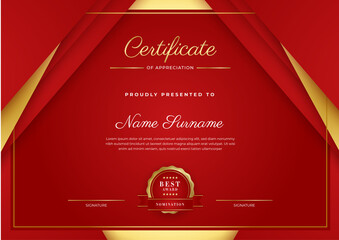 Certificate red template with modern luxury pattern and golden lines. Vector illustration and vector Luxury premium badges design. Set of retro vintage badges and labels.