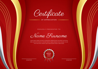 Certificate red template with modern luxury pattern and golden lines. Vector illustration and vector Luxury premium badges design. Set of retro vintage badges and labels.