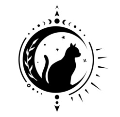 Wall Mural - cat on moon silhouette, celestial magic sign. crescent moon witchy design.